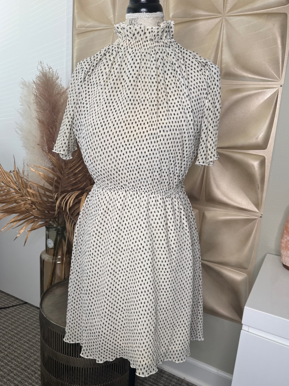 The Fifth Label Cream & Black Smocked Mock Neck Mini Dress
